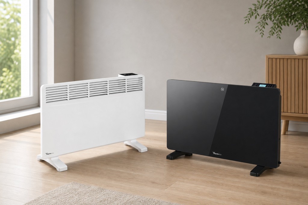 Dwa grzejniki elektryczne ThermEco w jasnym, nowoczesnym wnętrzu: biały konwektor NUO+20 oraz model Glasso z czarnym szklanym frontem.